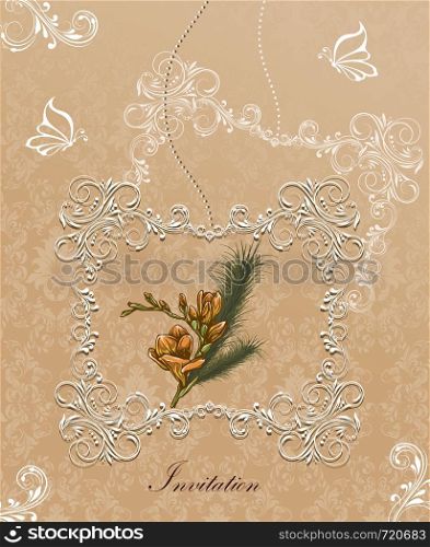 Vintage invitation card with ornate elegant retro abstract floral design, white and yellow orange flowers and leaves on beige background with frame border and text label. Vector illustration.