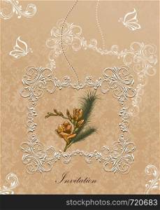Vintage invitation card with ornate elegant retro abstract floral design, white and yellow orange flowers and leaves on beige background with frame border and text label. Vector illustration.