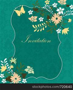 Vintage invitation card with ornate elegant retro abstract floral design, white beige and light yellow flowers and leaves on dark aquamarine background with plaque text label. Vector illustration.