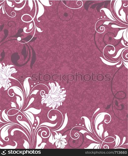 Vintage invitation card with ornate elegant retro abstract floral design, white flowers and leaves on dark pink background. Vector illustration.