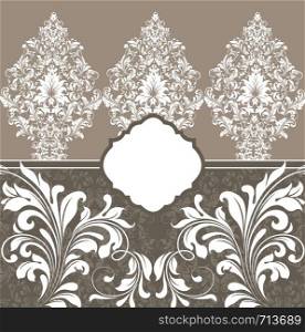 Vintage invitation card with ornate elegant retro abstract floral design, white flowers and leaves on brownish gray background. Vector illustration.