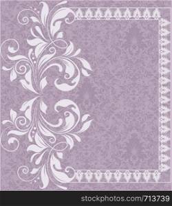 Vintage invitation card with ornate elegant retro abstract floral design, white flowers and leaves on light violet background with frame borders and text label. Vector illustration.