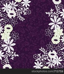 Vintage invitation card with ornate elegant retro abstract floral design, white flowers and leaves on dark purple background with text label. Vector illustration.