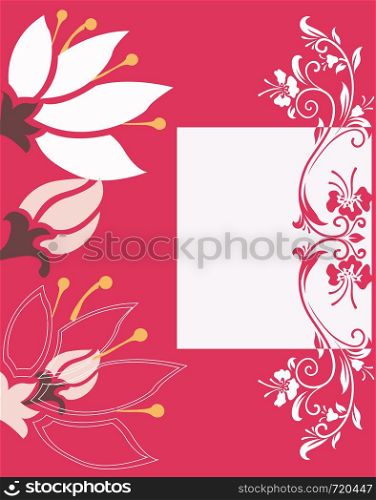 Vintage invitation card with ornate elegant retro abstract floral design, white flowers and leaves on bright red background with text label. Vector illustration.
