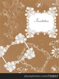 Vintage invitation card with ornate elegant retro abstract floral design, white flowers and leaves on light brown background with plaque text label. Vector illustration.
