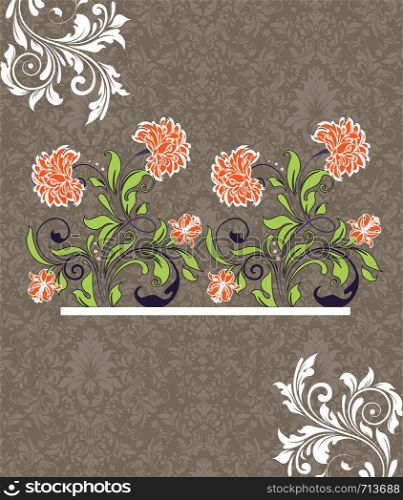 Vintage invitation card with ornate elegant retro abstract floral design, white red orange and yellow green flowers and leaves on gray and light brown background. Vector illustration.
