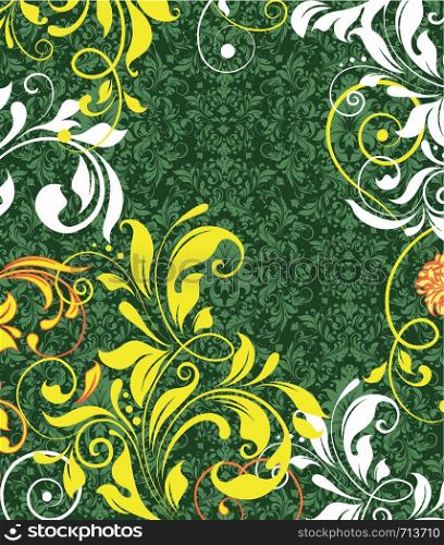 Vintage invitation card with ornate elegant retro abstract floral design, white yellow orange flowers and leaves on green and dark green background with text label. Vector illustration.