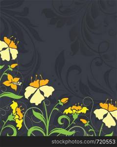 Vintage invitation card with ornate elegant retro abstract floral design, yellow and green flowers and leaves on gray and black background with text label. Vector illustration.