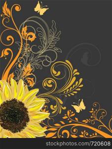 Vintage invitation card with ornate elegant retro abstract floral design, yellow and orange flowers and leaves on black background with sunflower butterfly and text label. Vector illustration.