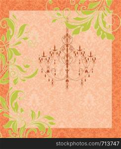 Vintage invitation card with ornate elegant retro abstract floral design, yellow green flowers and leaves on orange and light orange background with chandelier and text label. Vector illustration.