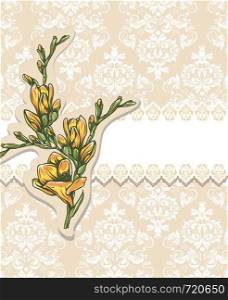 Vintage invitation card with ornate elegant retro abstract floral design, yellow orange flowers and green leaves on beige and white background with text label. Vector illustration.
