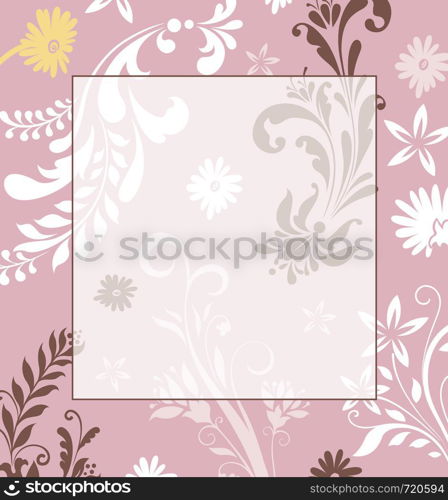 Vintage invitation card with ornate elegant retro abstract floral design, yellow white brown and gray flowers and leaves on pink background with frame border and text label. Vector illustration.