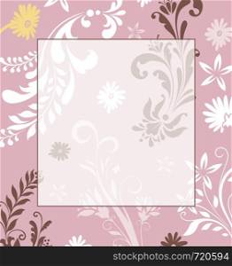Vintage invitation card with ornate elegant retro abstract floral design, yellow white brown and gray flowers and leaves on pink background with frame border and text label. Vector illustration.