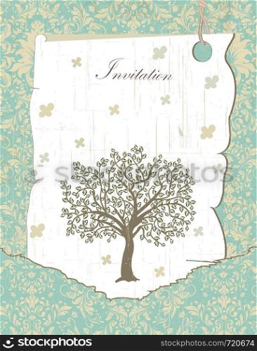 Vintage invitation card with ornate elegant retro abstract floral tree design, grayish green leaves on pale yellow and teal background with text label on tag. Vector illustration.
