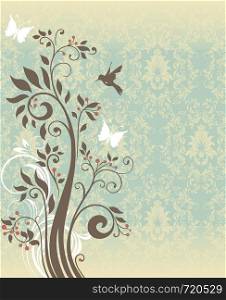Vintage invitation card with ornate elegant retro abstract floral tree design, light brown tree with flowers and leaves on pale green and yellow background with butterflies and text label. Vector illustration.