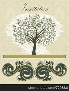 Vintage invitation card with ornate elegant retro abstract floral tree design, tree with dark green leaves on beige background with text label. Vector illustration.
