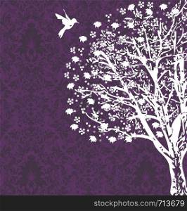 Vintage invitation card with ornate elegant retro abstract floral tree design, white flowers and tree on dark purple background with bird. Vector illustration.
