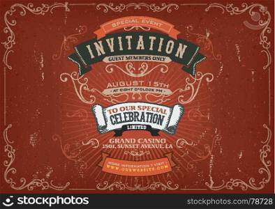 Vintage Invitation Poster Background. Illustration of a vintage invitation placard poster background for holidays and special events, with sketched banners, floral patterns, ribbons, text, design elements and grunge texture