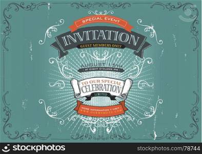 Vintage Invitation Poster Background. Illustration of a vintage invitation placard poster background for holidays and special events, with sketched banners, floral patterns, ribbons, design elements and grunge texture