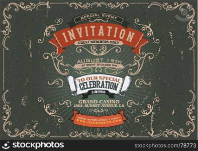 Vintage Invitation Poster Background. Illustration of a vintage invitation placard poster background for holidays and special events, with sketched banners, floral patterns, ribbons, text, design elements and grunge texture
