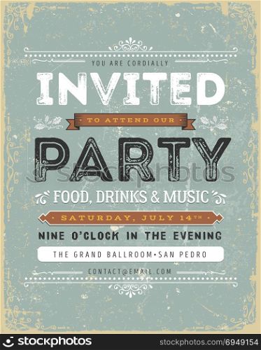 Vintage Invitation Sign. Illustration of a vintage background with invitation message to a party, with floral patterns, grunge texture and hand-drawned corners