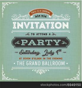 Vintage Invitation To A Party Card. Illustration of a vintage fabric textured background with invitation message to a party, with floral patterns and hand-drawned corners