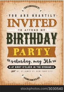 Vintage Invitation To A Party Card. Illustration of a vintage old textured background with invitation message to a party, with floral patterns and hand-drawned corners