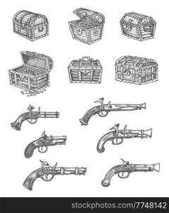 Vintage isolated pirate chest and musket gun vector sketches. Hand drawn pirate treasure chests or boxes full of gold coins and jewelry with locks, old pistols, musketoon and blunderbuss weapon. Vintage isolated pirate chest, musket gun sketches
