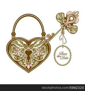 Vintage key and heart shape ornamental lock hand drawn vector illustration. Vintage Key And Lock