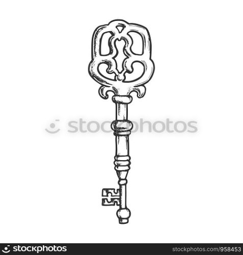 Vintage Key Filigree Medieval Monochrome Vector. Entrance Door Lock And Unlock Element Decorative Iron Skeleton Key. Template Hand Drawn In Retro Style Black And White Illustration. Vintage Key Filigree Medieval Monochrome Vector