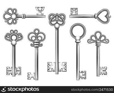 Vintage key vector set in engraving style. Antique collection retro security design illustration. Vintage key vector set in engraving style