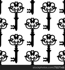 Vintage keys black silhouettes seamless pattern with figured bodies adorned by decorative curls. Vintage black keys seamless pattern