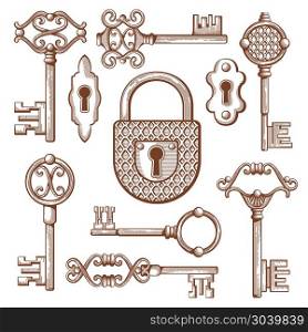 Vintage keys, locks and padlocks hand drawn vector illustration. Vintage keys, locks and padlocks hand drawn. Keyhole and secrecy, various classic elements, vector illustration