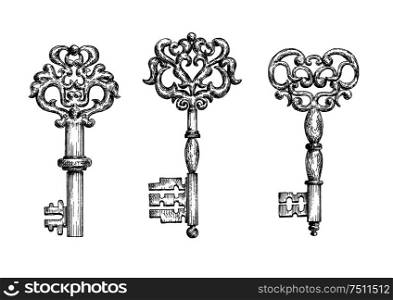 Vintage keys sketch icons for tattoo or medieval stylized design. Ornate old skeleton keys, decorated by curly forged ornaments . Vintage ornate skeleton keys in sketch style