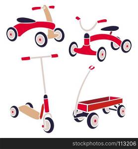 Vintage Kids Toys Bicycle, Kick Scooter, Red Wagon. Vector Collection. Vintage Kids Toys Bicycle, Kick Scooter, Red Wagon. Vector