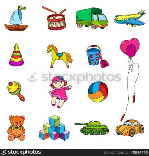 Vintage kids toys color sketch icons set of yacht drum truck airplane isolated vector illustration.