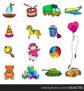 Vintage kids toys color sketch icons set of yacht drum truck airplane isolated vector illustration.