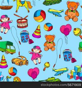 Vintage kids toys sketch colored seamless pattern with doll bucket pyramid vector illustration.