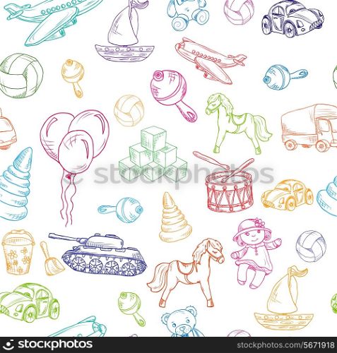 Vintage kids toys sketch colored seamless pattern with yacht teddy bear retro truck vector illustration