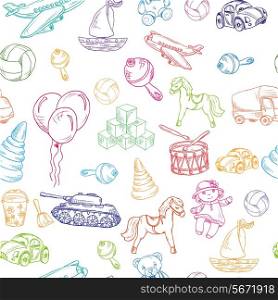 Vintage kids toys sketch colored seamless pattern with yacht teddy bear retro truck vector illustration