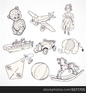 Vintage kids toys sketch icons set of teddy bear doll airplane car elephant isolated vector illustration
