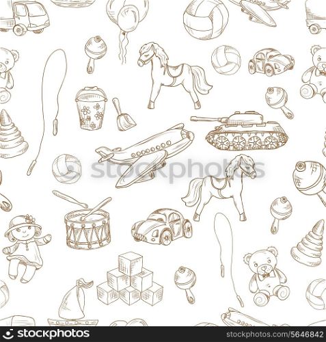 Vintage kids toys sketch seamless pattern with blocks balloon jumping rope vector illustration.