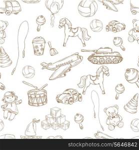 Vintage kids toys sketch seamless pattern with blocks balloon jumping rope vector illustration.
