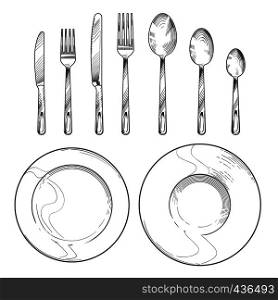 Vintage knife, fork, spoon and dishes in sketch engraving style. Hand drawing tableware isolated vector set. Knife and fork, spoon and cutlery for dinner illustration. Vintage knife, fork, spoon and dishes in sketch engraving style. Hand drawing tableware isolated vector set