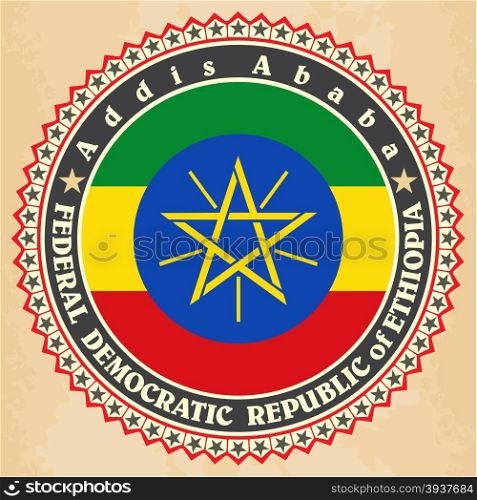Vintage label cards of Ethiopia flag. Vector illustration