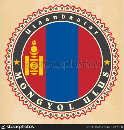 Vintage label cards of Mongolia flag. Vector illustration