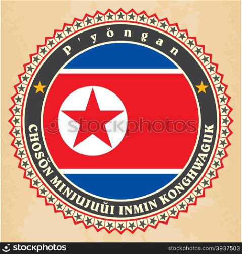Vintage label cards of North Korea flag. Vector illustration