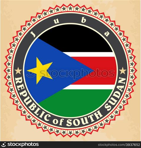 Vintage label cards of South Sudan flag. Vector illustration