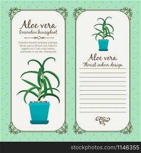 Vintage label template with decorative aloe vera plant in pot, vector illustration. Vintage label with aloe vera plant