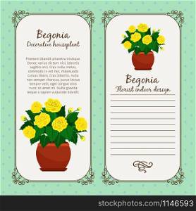 Vintage label template with decorative begonia plant in pot. Vintage label with begonia plant